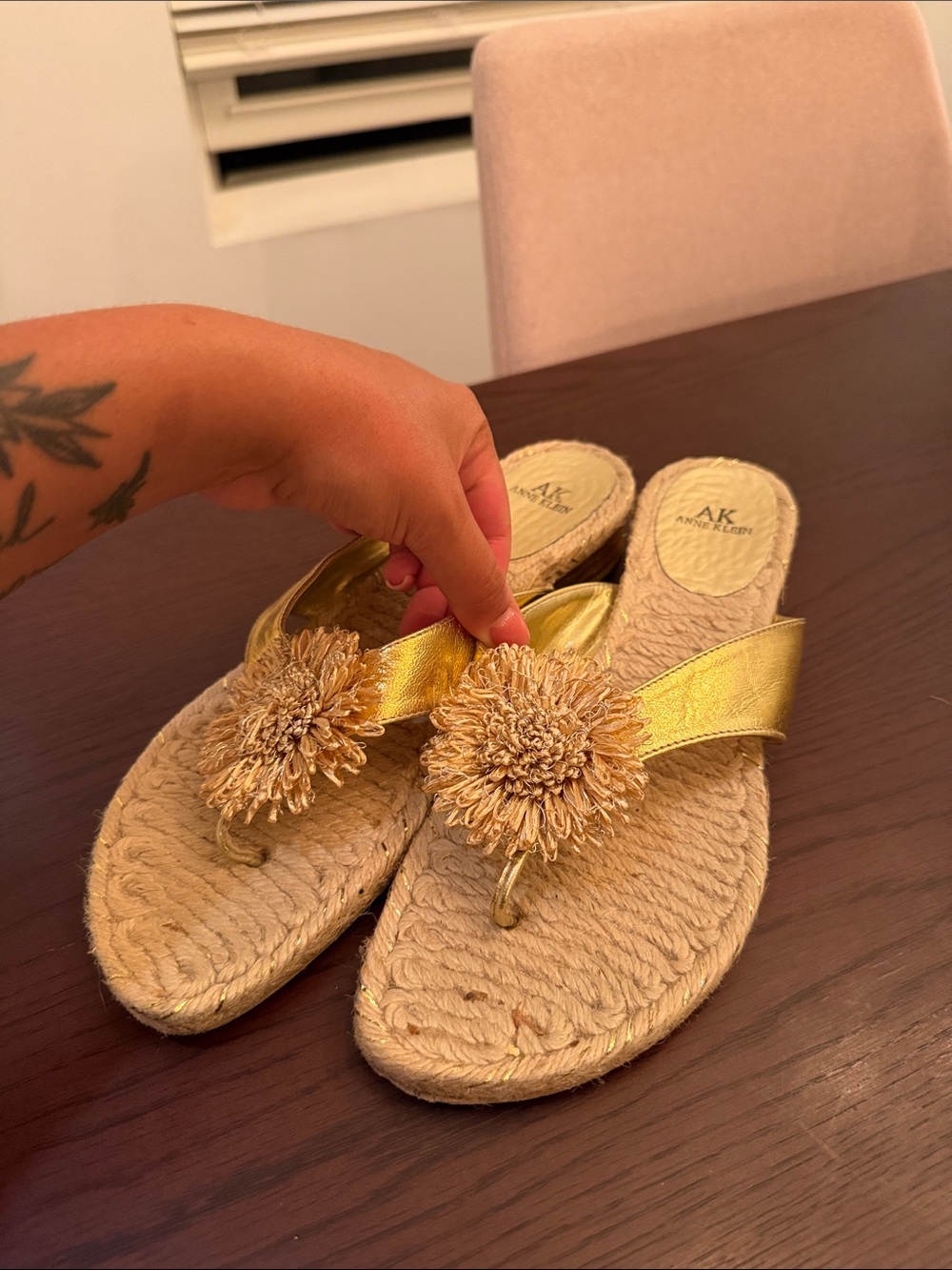 Anne Klein Gold Raffia Pom-Pom Wedge Sandals